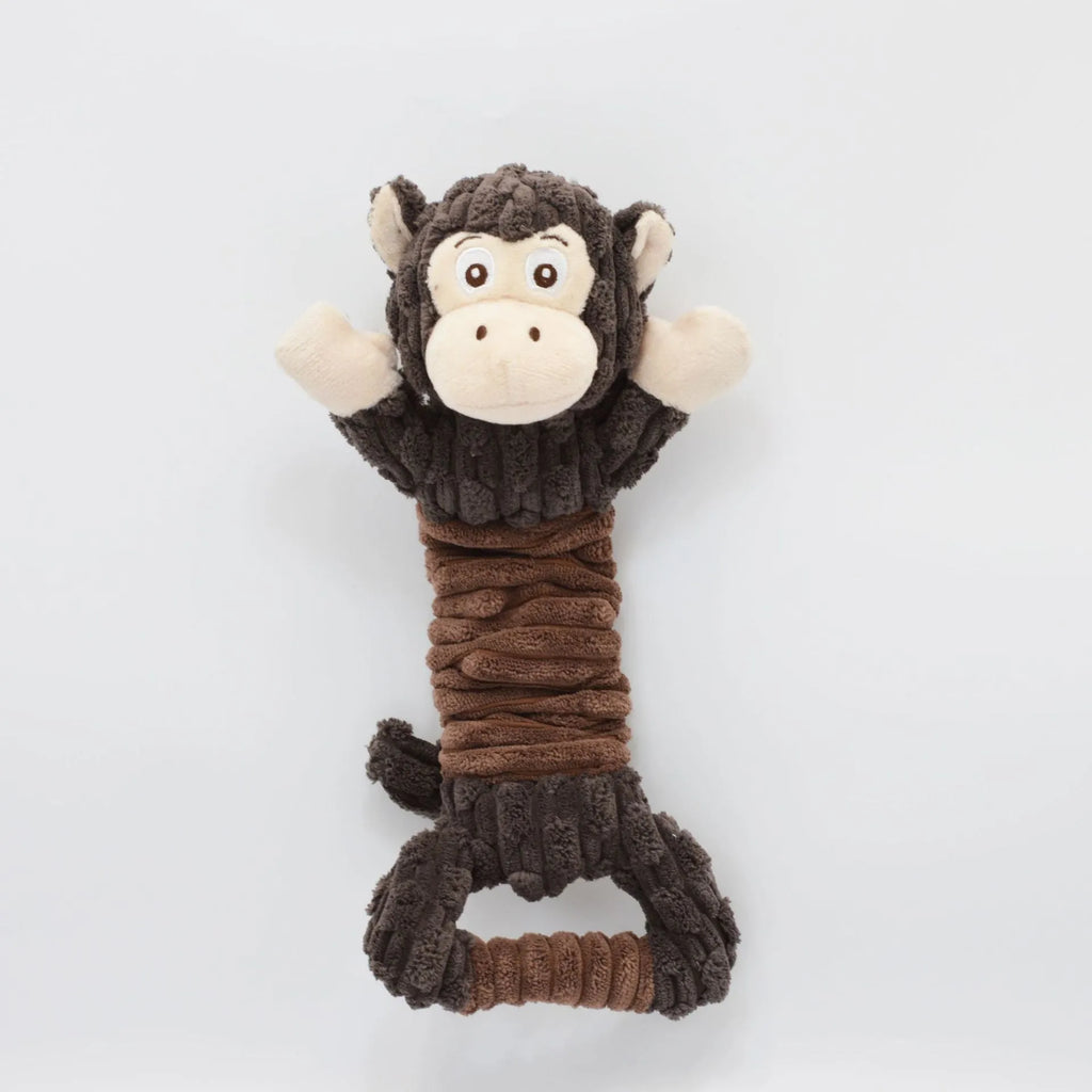 Large plush squeaky dog toy in bright colours with a handle, shown in Hippo and Monkey designs.