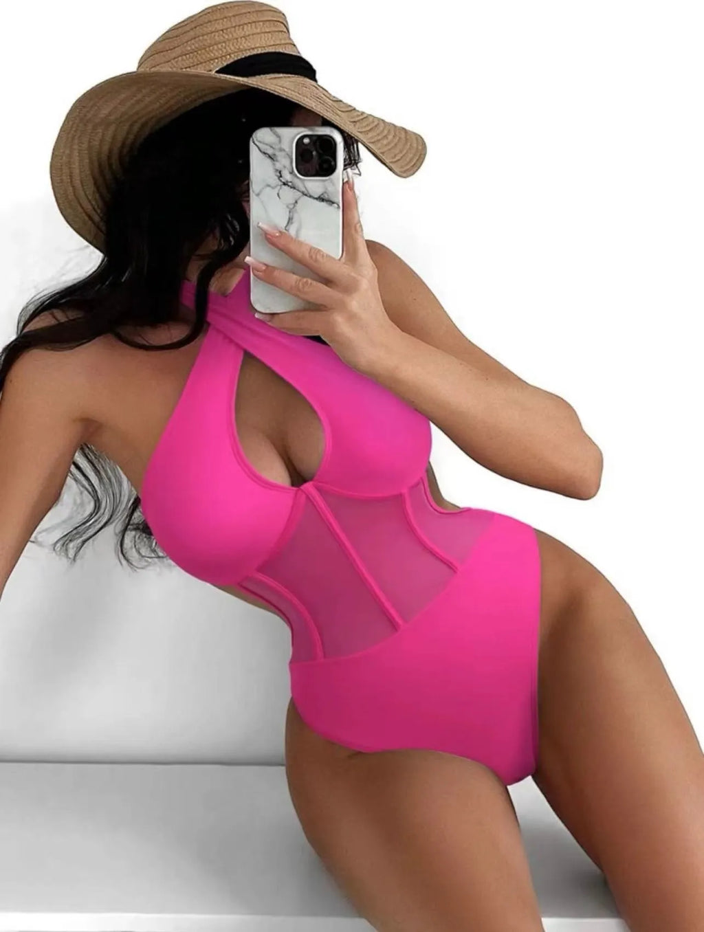 Women's black one-piece spun yarn swimsuit showing front view with nylon-spandex fabric blend