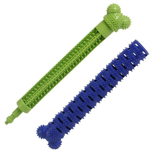 Blue green silicone dog toothbrush cleaning stick with textured surfaces and nodules for gum massage.