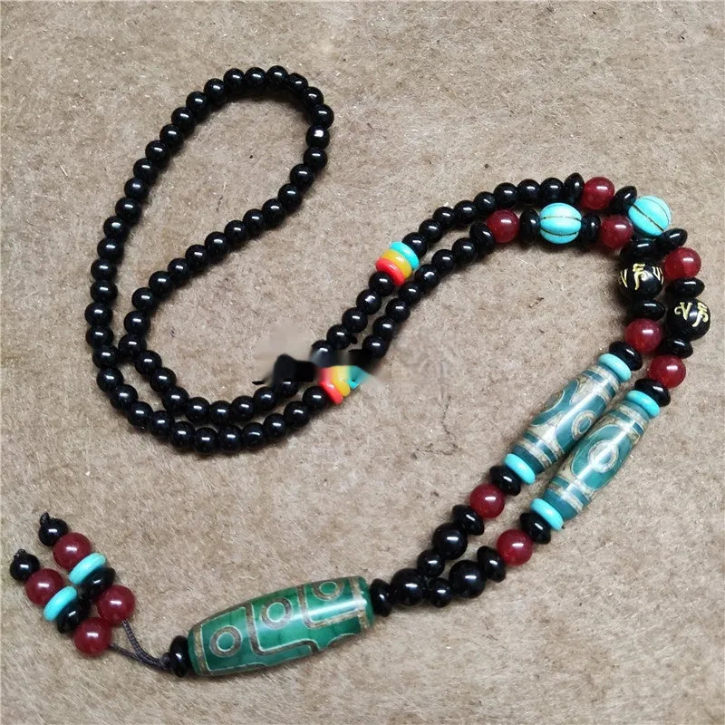 Ethnic style Dzi bead pendant necklace in green Tibet beads made from jade and agate