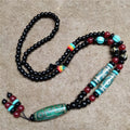 Ethnic style Dzi bead pendant necklace in green Tibet beads made from jade and agate
