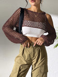 Mesh shirt with hollowed navel design in one of six colours: white, black, lake green, coffee, brick red, or army green.