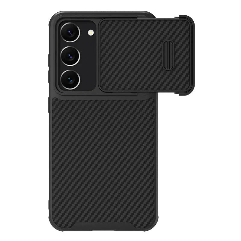 Black Samsung S23 Ultra phone case with a sliding cover over the rear camera lenses.