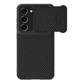 Black Samsung S23 Ultra phone case with a sliding cover over the rear camera lenses.