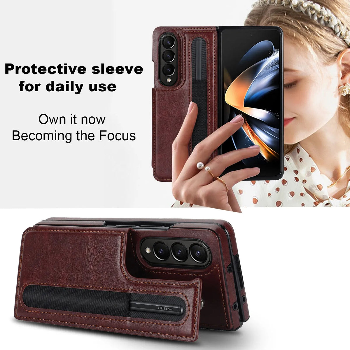 Folding PU leather phone case for Samsung Galaxy Z Fold in black with bracket support
