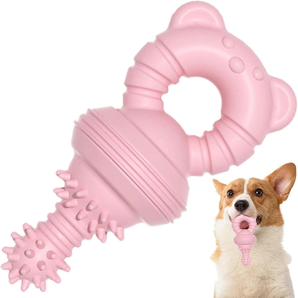Blue, green, and pink molar-shaped rubber dog chew toy with textured surface and bell.