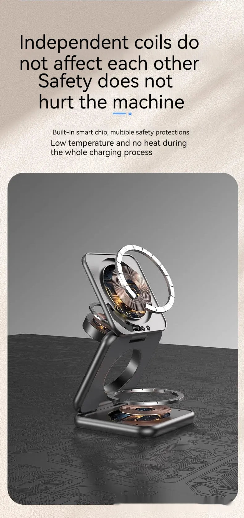 White foldable magnetic wireless phone charger holder in open position on a desk