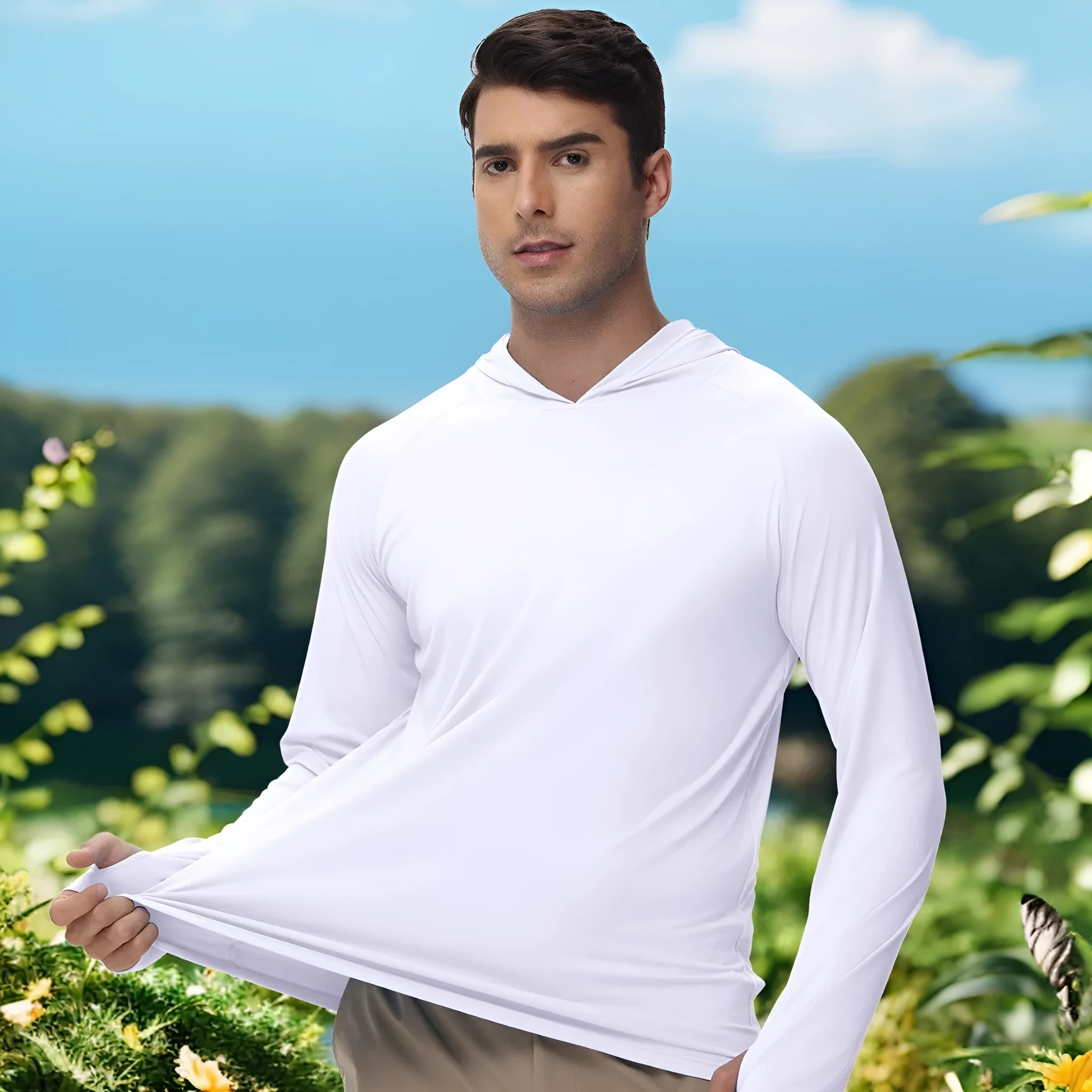 Outdoor long sleeve hooded top for UV protection during fishing and hiking.
