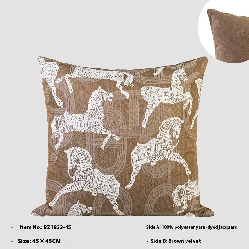 Chinese style square cushion with geometric pattern in Maillard brown colour on a sofa.