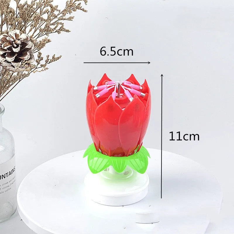 Lotus music birthday candle in pink, blue or rainbow, paraffin and ABS, flower-shaped rotating cake topper