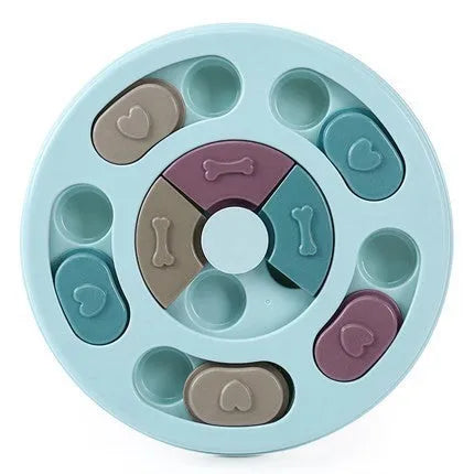 Blue dog puzzle toy with sliding parts on a wooden floor, suitable for small dogs and cats