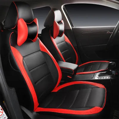 Cow leather car seat cover in a binding style, shown in beige and black with red colour variants.