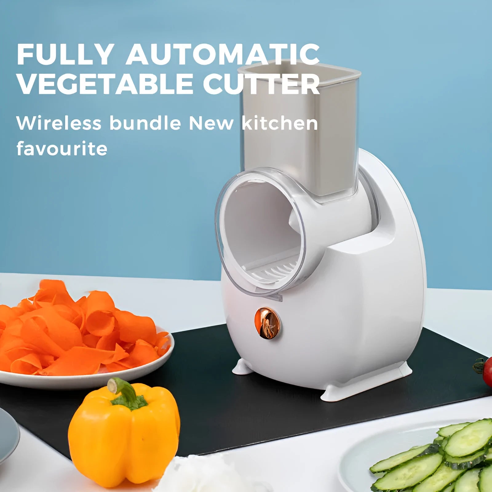 White electric vegetable slicer with suction base and multiple blades on a kitchen counter.