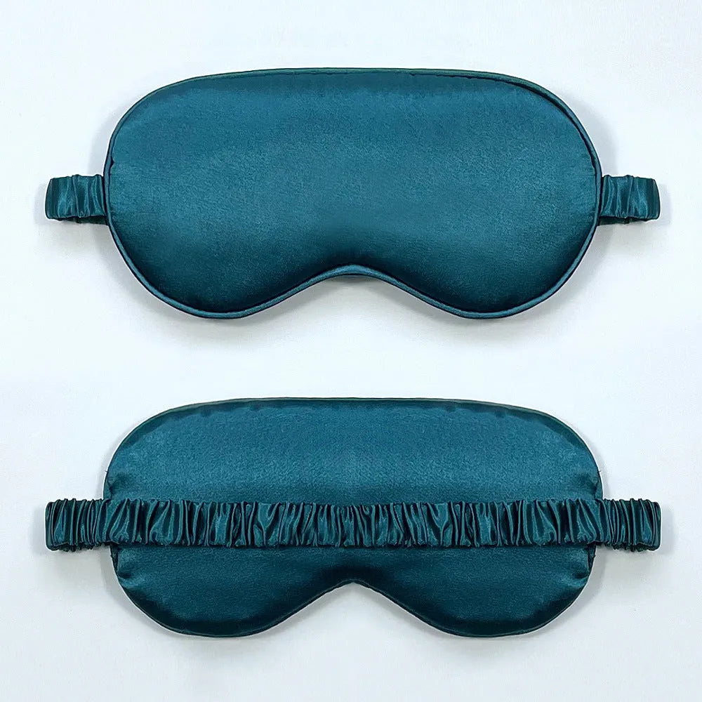 Double-sided rayon elastic satin sleep mask shown in multiple colour options including black, sky blue, and wine red.