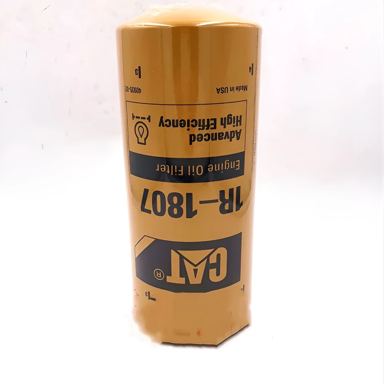 Yellow Caterpillar engine fuel water separator filter element, 262mm tall.