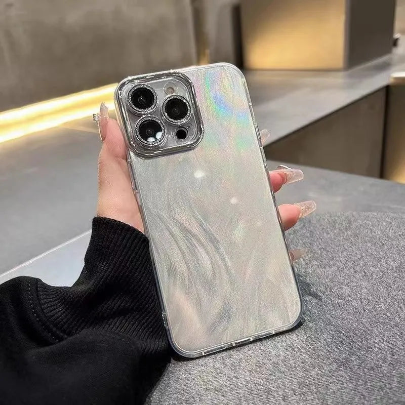 Silver Yarn simple phone case with glitter lens protector for Apple iPhone 13, shockproof IMD material, cartoon style