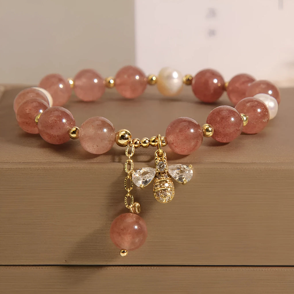 Freshwater pearl and strawberry quartz bracelet with zircon accents and bee charm