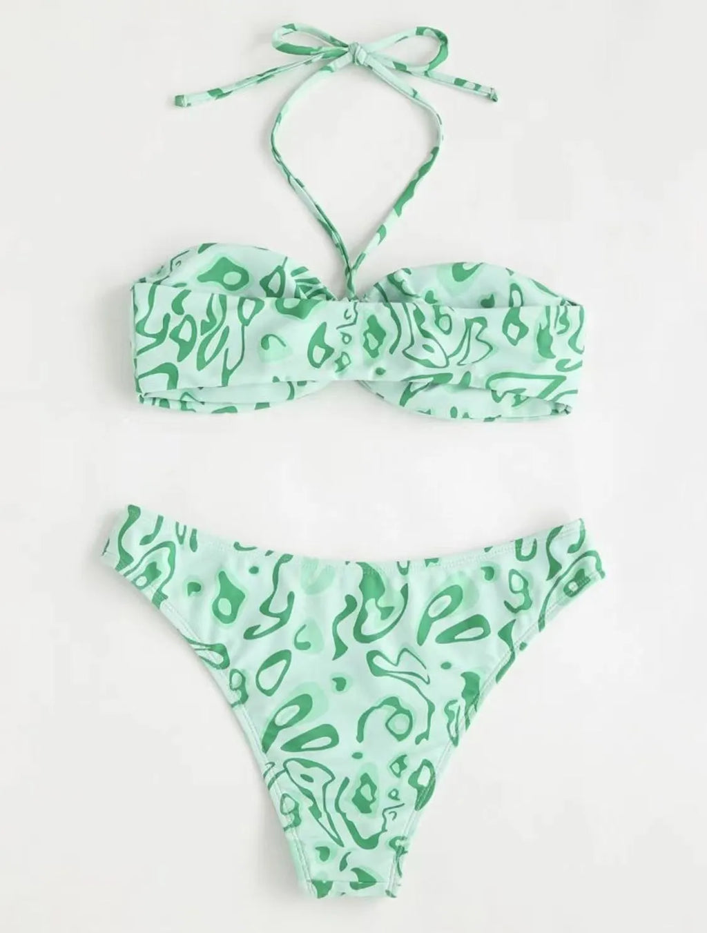 Women's floral print bandeau bikini swimsuit with split style design in blue colour