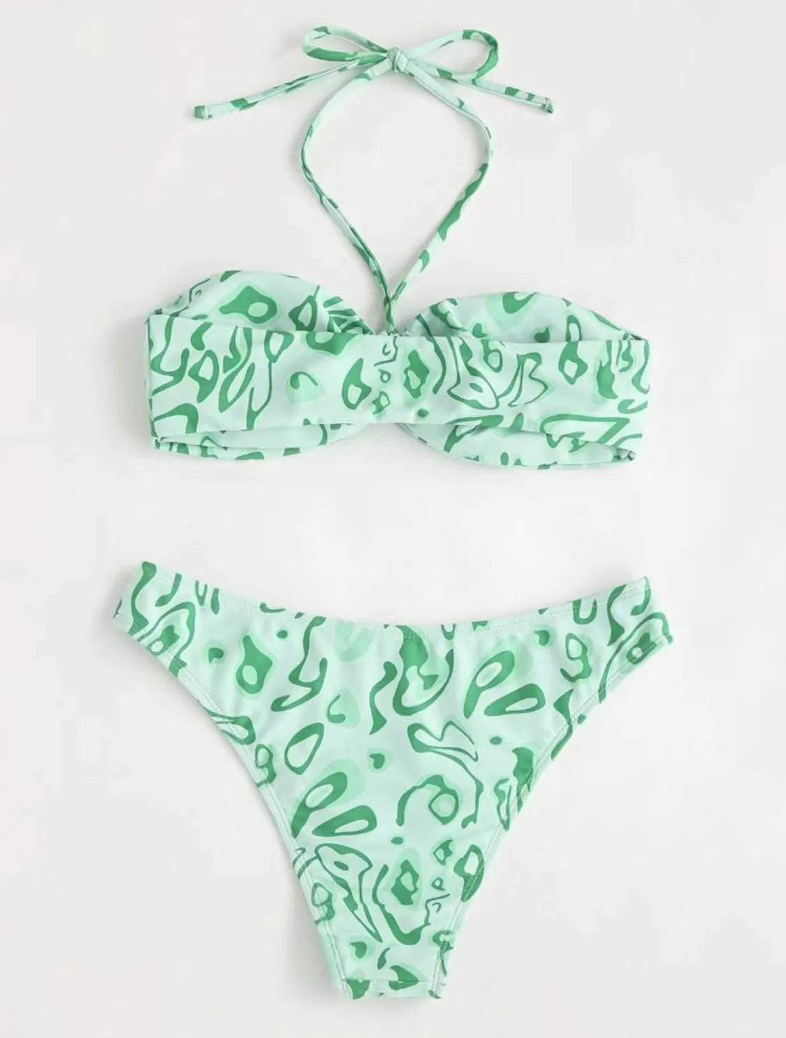 Women's floral print bandeau bikini swimsuit with split style design in blue colour