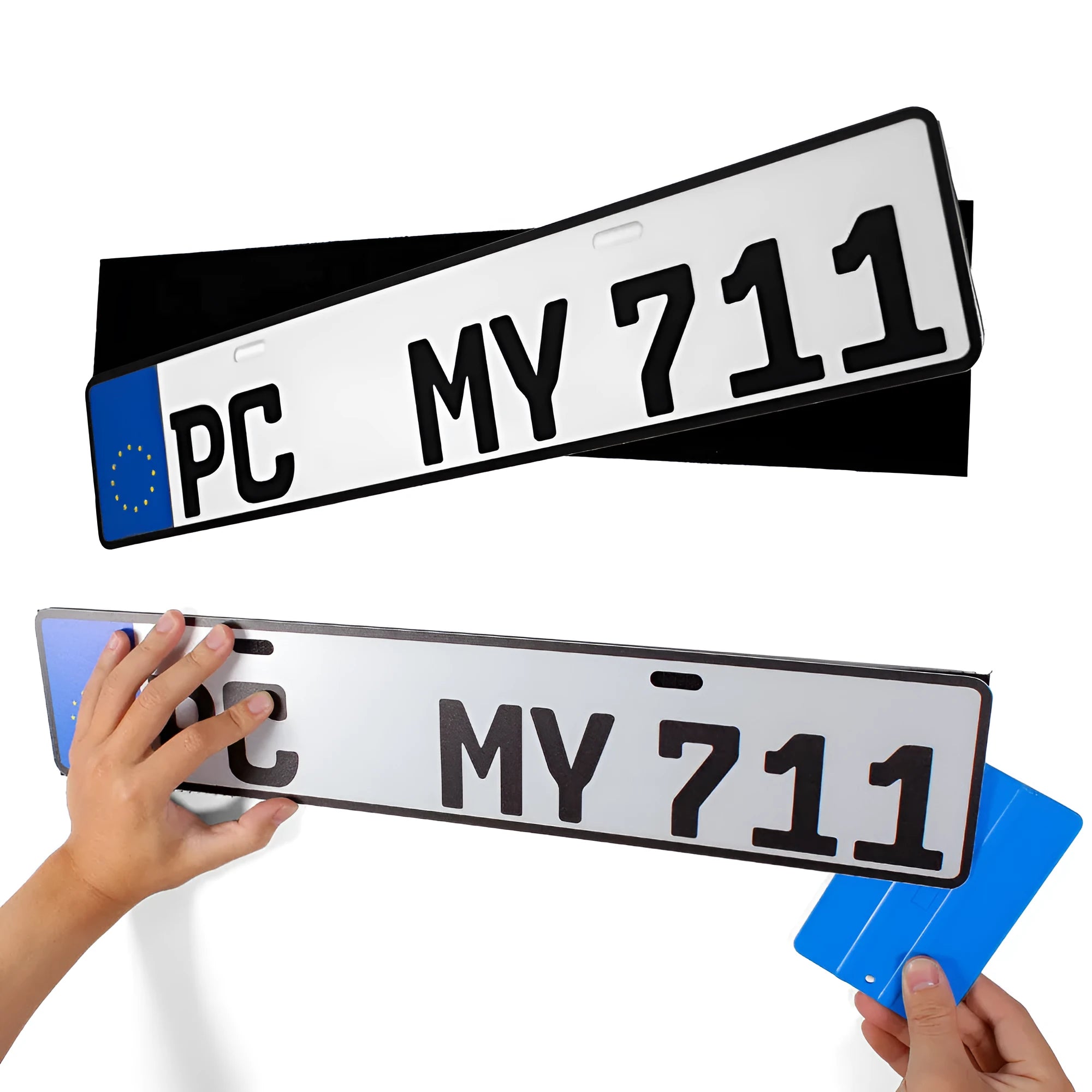 Double-sided adhesive tape for car and motorcycle licence plate fixing showing right-angled format