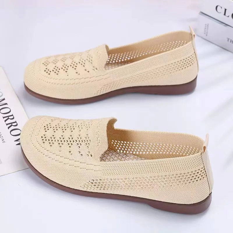 Women's beige antiskid casual shoes with Flyknit mesh upper and PVC sole for elderly wearers