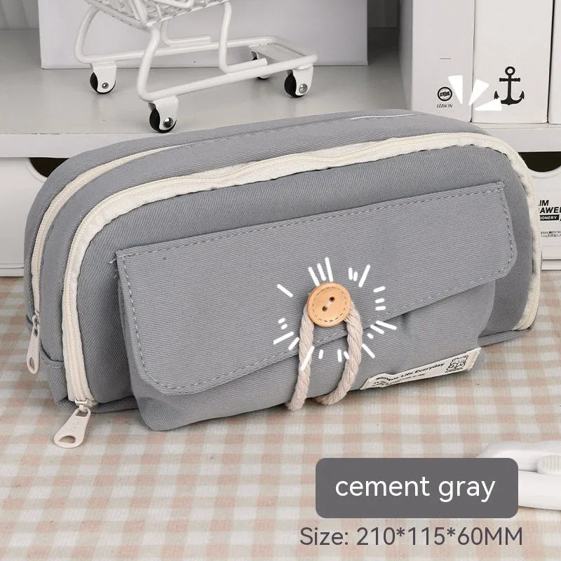 Korean style canvas pencil case in beige, blue, grey, and green colour options with large capacity for approximately 80 pens