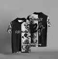 Black loose fit casual T-shirt with 3D digital printed design on short sleeves.