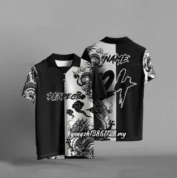 Black loose fit casual T-shirt with 3D digital printed design on short sleeves.
