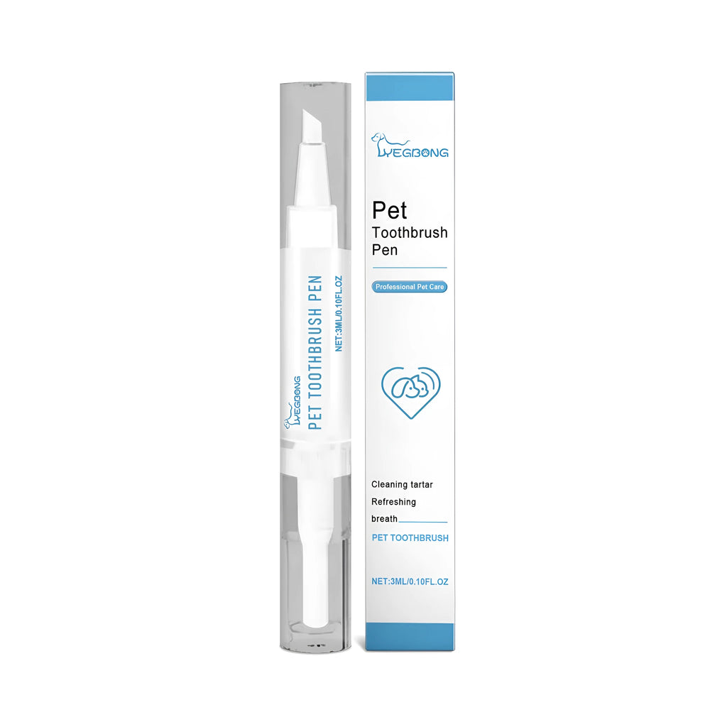 Pet teeth cleaning brush with 3ml gel capsule attached to 12.5cm long handle