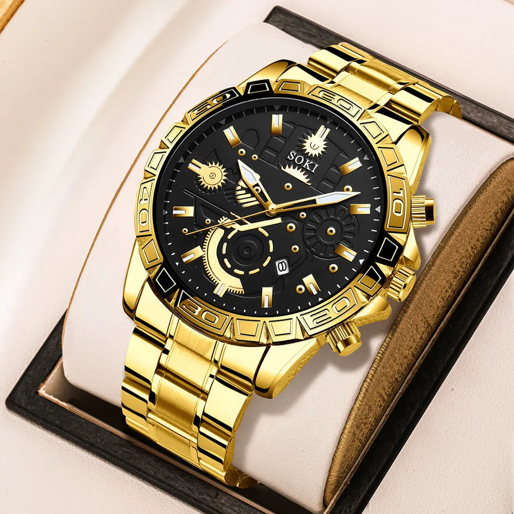 Gold men's steel business calendar quartz watch with 10mm thickness and stainless steel bracelet