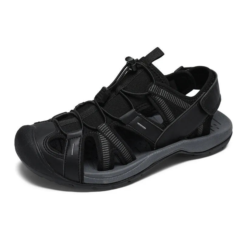 Men's blue summer casual sports shoes with Velcro strap and mesh upper on a rubber sole.