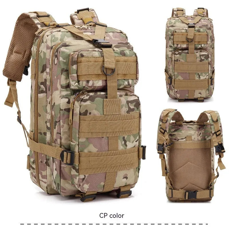 Large khaki coloured off-road hiking backpack with air pillow belt system on a rocky outdoor trail.