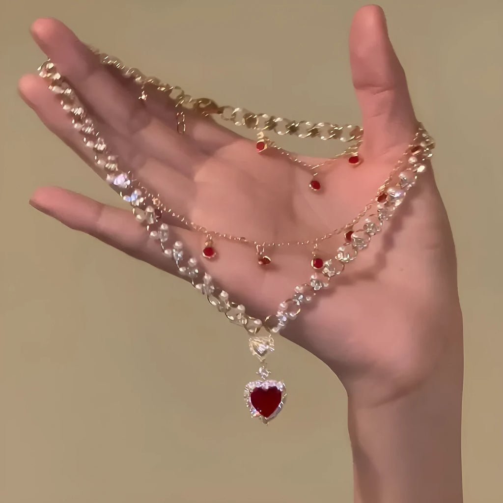 Red Love Pearl double layer twin necklace with heart pendant and electroplated alloy chain