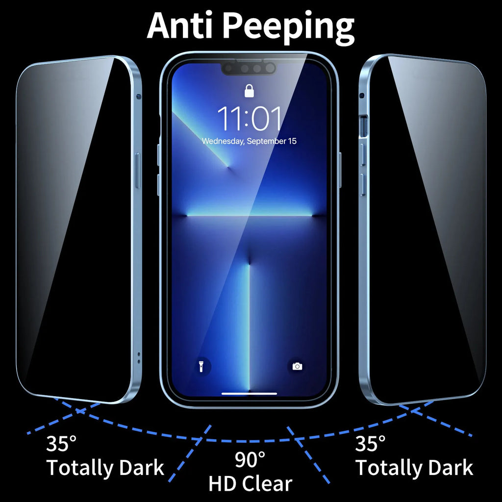 Privacy-proof magneto iPhone case with metal frame in various colours including black, red, gold, and light purple.