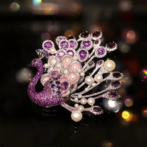 Alloy Freshwater Pearl Peacock Brooch in Style1 gold-tone finish with faux pearl beads and cabochon centre on white background