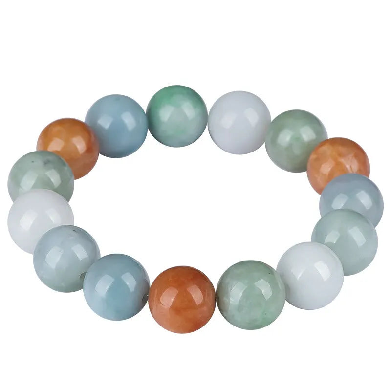Women's jade bracelet with green, lavender and white beads showing certificate