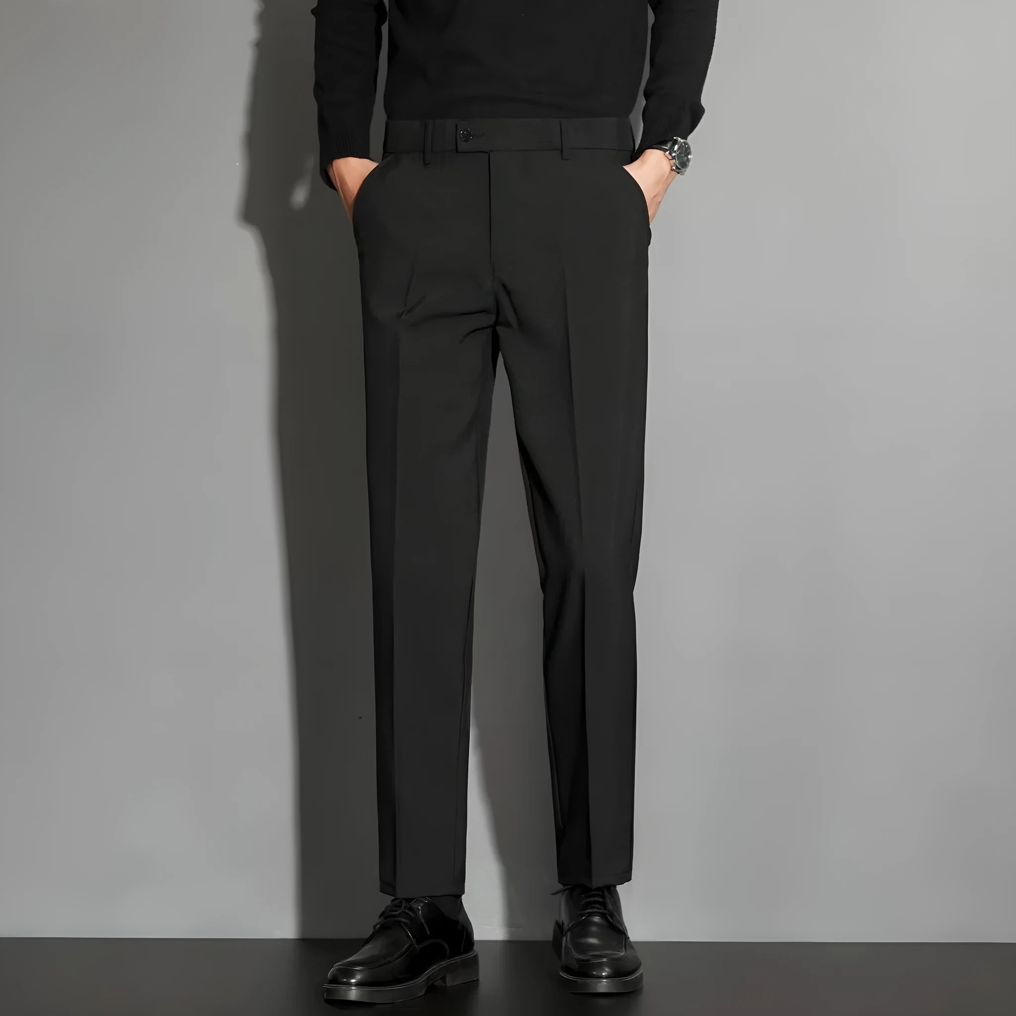 Men's straight-leg suit trousers in chemical fibre blend fabric with spring draping effect