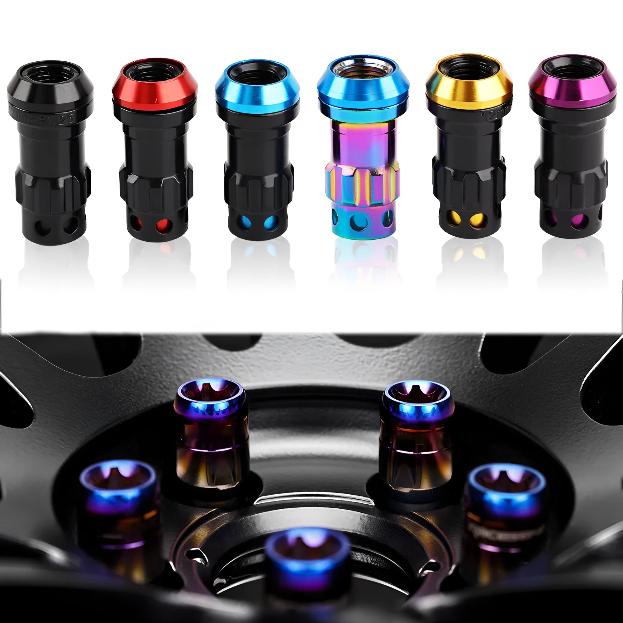 Aluminium alloy forged wheel hub nut in multiple colour options with M12 thread specifications