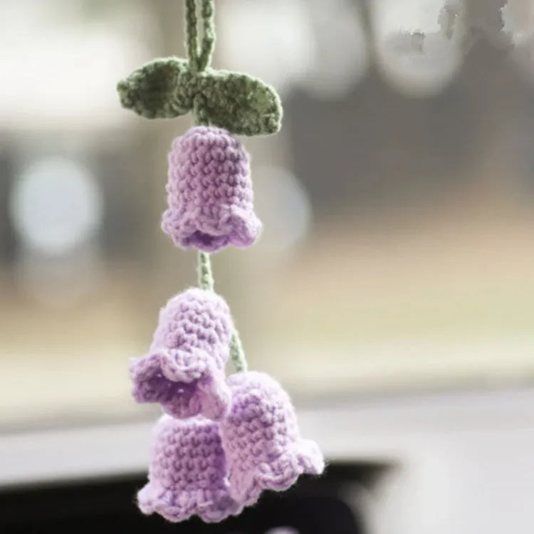 Green and white knitted car plant ornament with hanging rope for dashboard or mirror decoration
