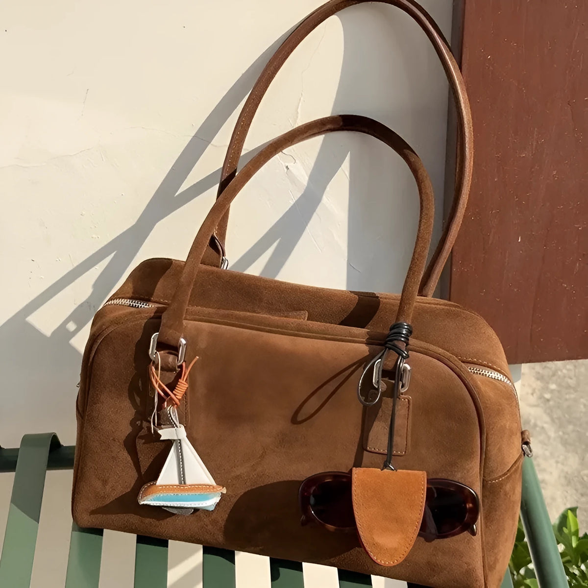 Brown suede large capacity underarm pillow bag with horizontal square shape and polyester lining
