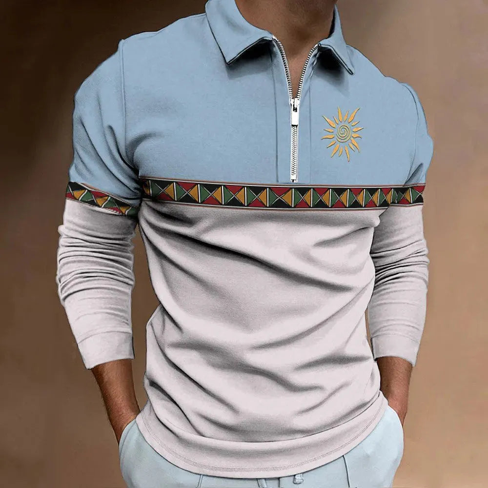 Men's retro colour print golf t-shirt with long sleeves and zip decorations on striped bird eye cloth