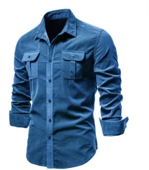 A man's long-sleeved linen shirt in blue, shown alongside other colour options like army green and red.