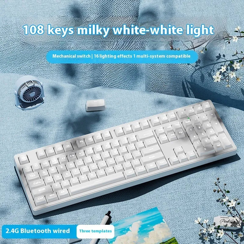 Mechanical keyboard with three connectivity modes in blue and white colour matching design