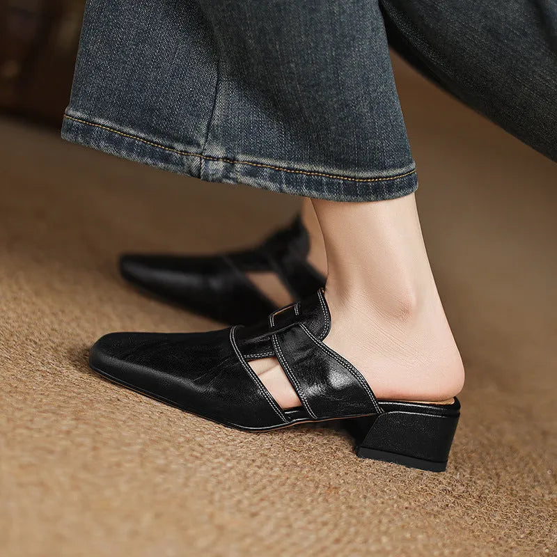 Retro closed toe low heel sandals in genuine leather, square toe, open back, apricot colour, on a neutral background