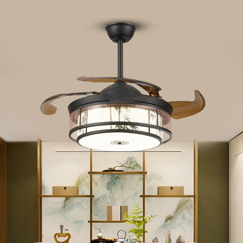 42 inch Chinese style ceiling fan chandelier with ABS blades, gauze sheepskin cover, and tricolor dimming light