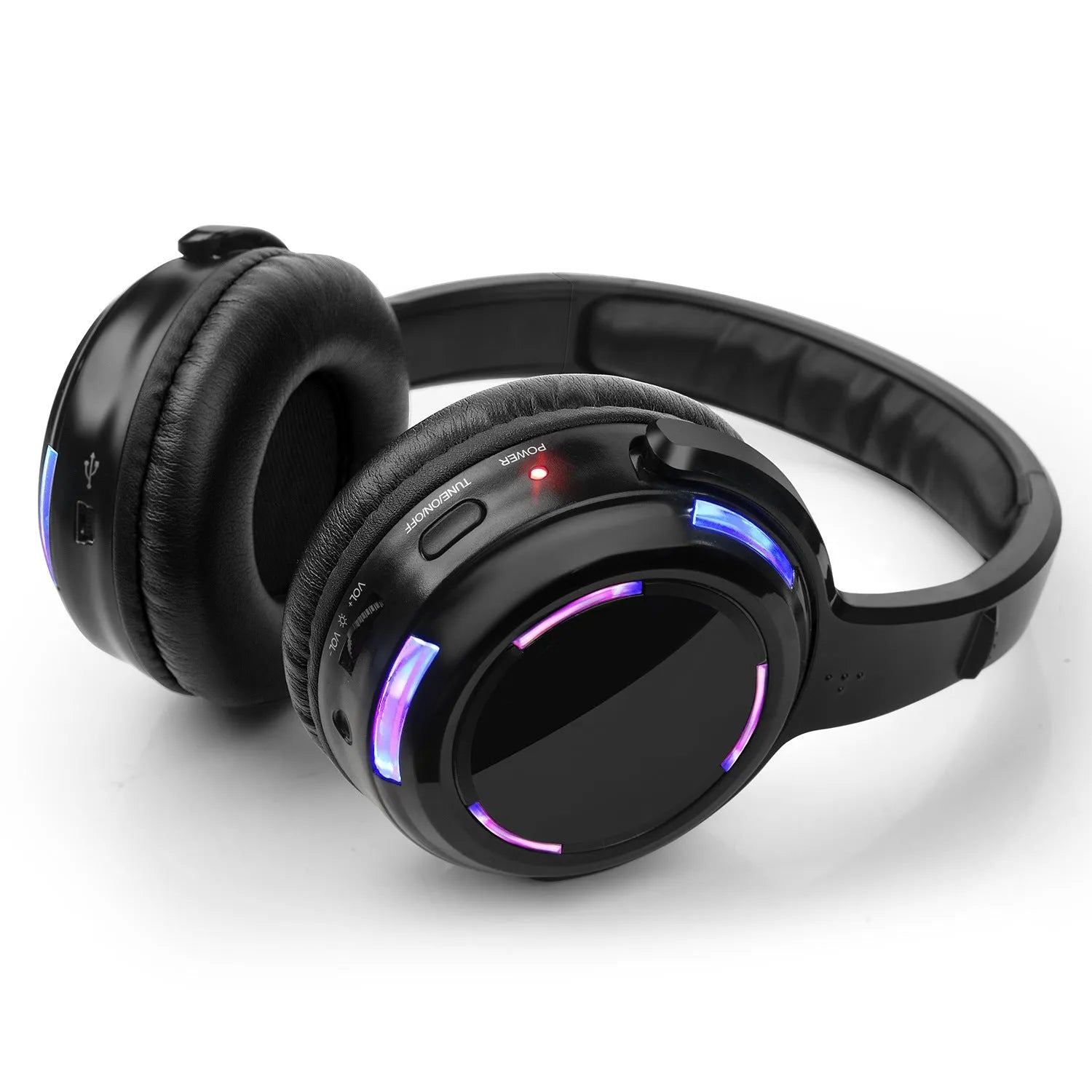 Black silent disco wireless headphones with over-ear design and built-in microphone