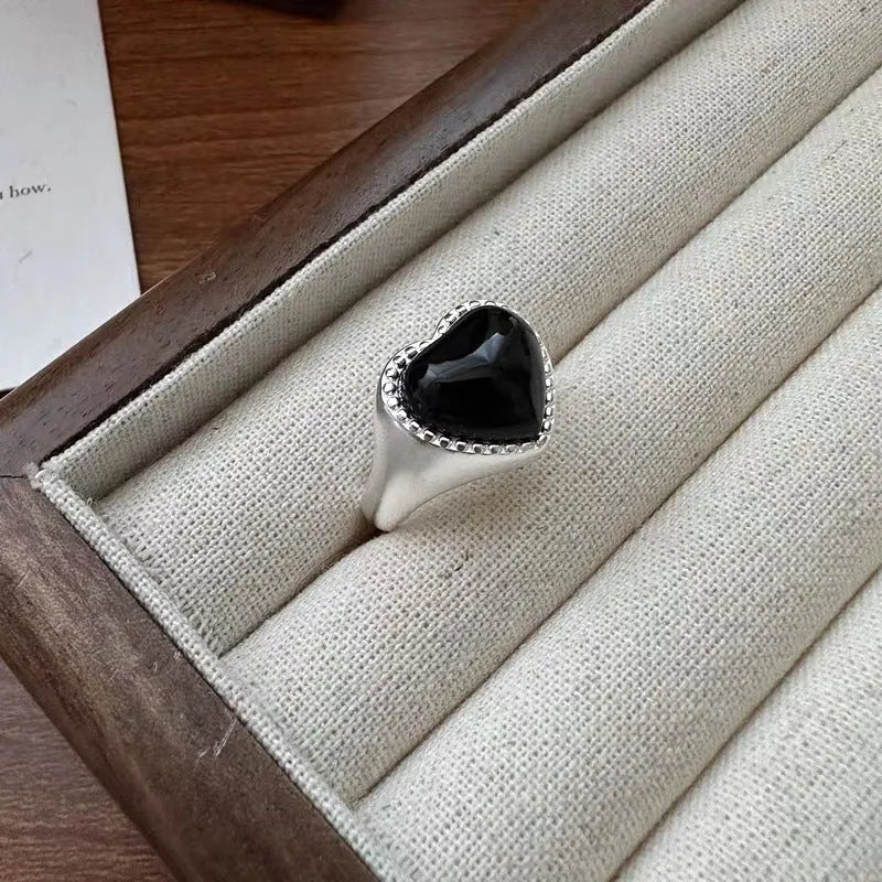 S925 sterling silver heart ring with black agate stone and adjustable opening