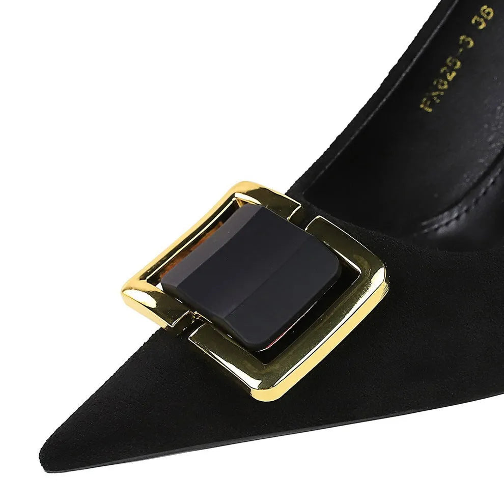 Black suede women's stiletto high heels with a pointed toe and 9cm heel.
