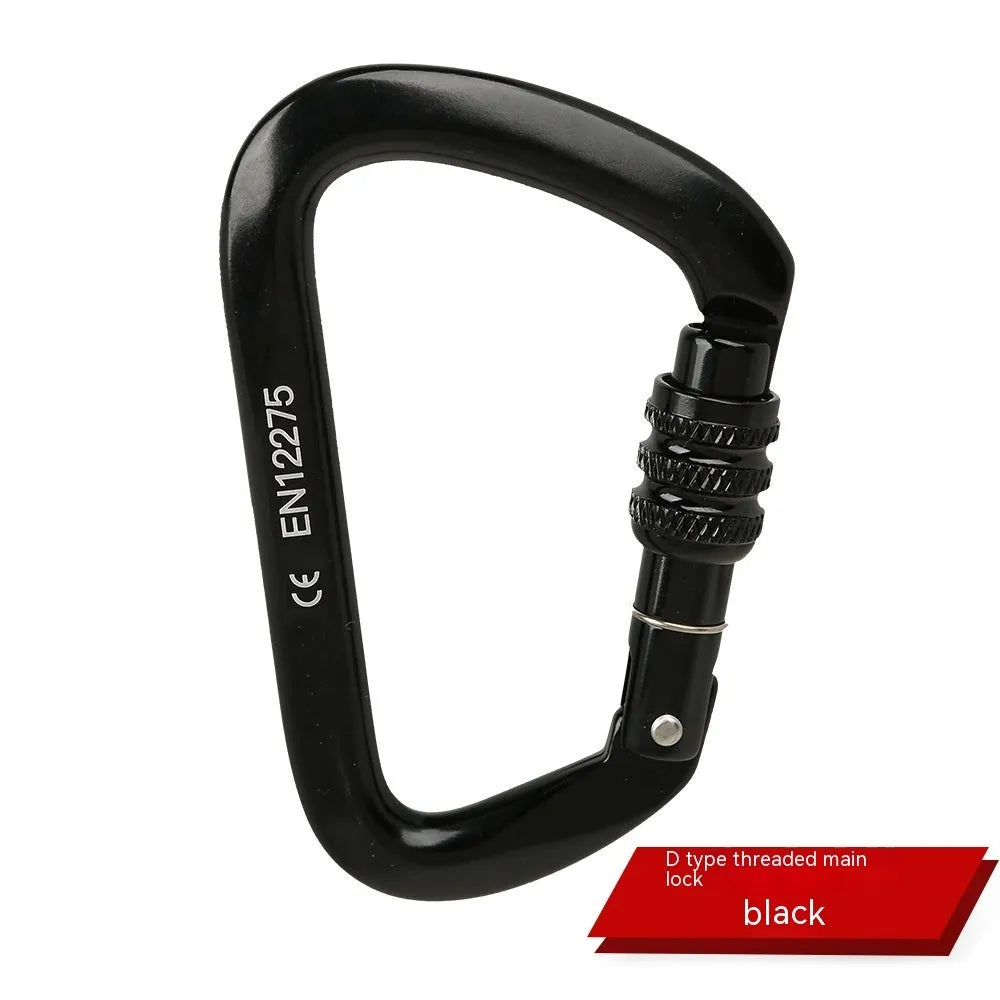 Steel D-shaped climbing carabiner showing automatic and screw-gate types in assorted colours.