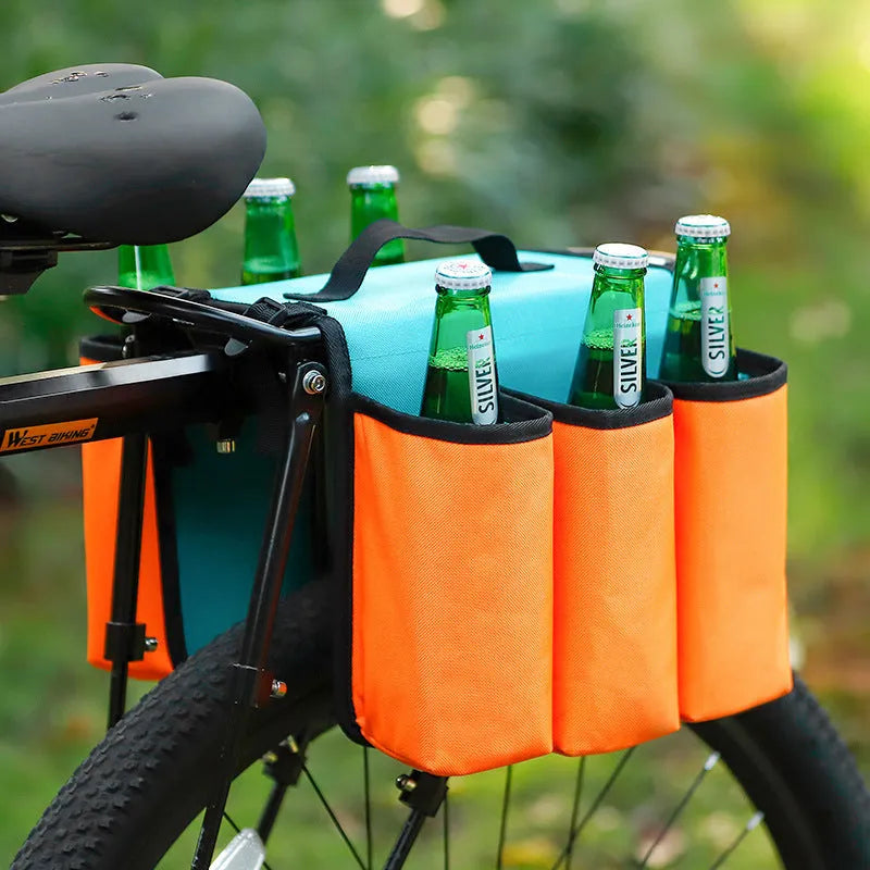 Black and orange double-sided bicycle drink storage bag mounted on a bike rack.